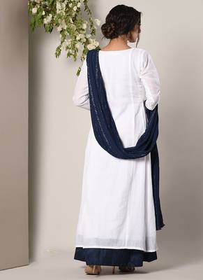 White Blue Border Dress Blue Silver Crinkle Dupatta Set 4
