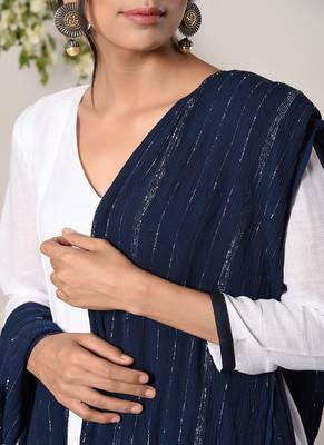 White Blue Border Dress Blue Silver Crinkle Dupatta Set 5