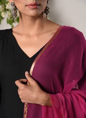 Black Pink Border Dress Pink Chiffon Dupatta Set 5