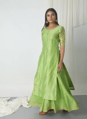 Chartreuse Green Chanderi Gota Skirt-Kurta Set 1