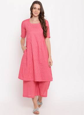 Pink Dobby Side Gathers Kurta-Palazzo 1