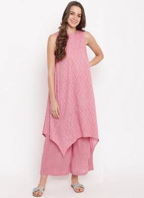 Pink Dobby Asymmetric Kurta-Palazzo 1