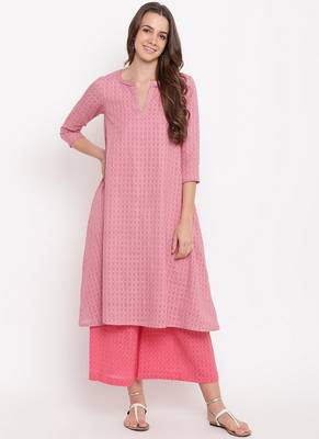 Pink Grid Dobby Kurta-Contrast Palazzo 1