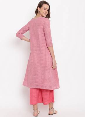 Pink Grid Dobby Kurta-Contrast Palazzo 3