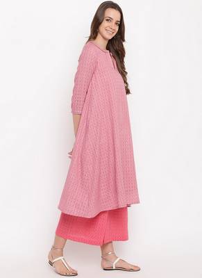Pink Grid Dobby Kurta-Contrast Palazzo 6