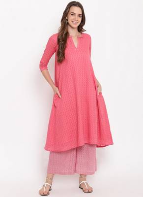 Brick Pink Grid Dobby Kurta-Contrast Palazzo 1
