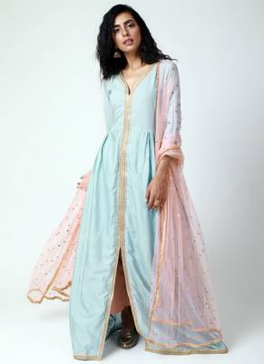 Blue Jacket Style Kurta-Pant-Dupatta 1
