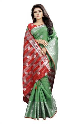 green woven cotton silk saree with blouse 2