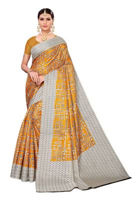 Mustard printed khadi saree with blouse 1