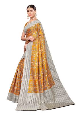 Mustard printed khadi saree with blouse 2
