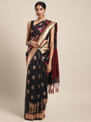 Black woven art silk saree with blouse 1