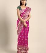 Dark pink woven art silk saree with blouse