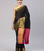 Black woven art silk saree with blouse