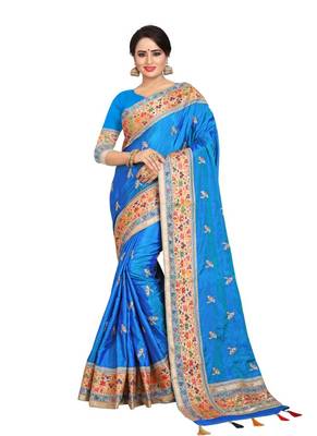 Blue embroidered art silk saree with blouse 1