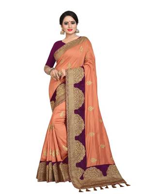Dark peach embroidered art silk saree with blouse 1