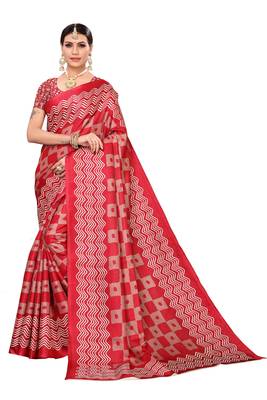 Pink printed khadi saree with blouse 1