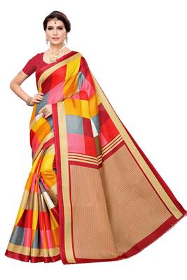 Red Printed Khadi Saree With Blouse 1