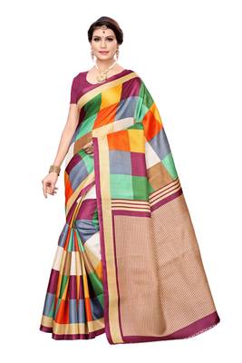 Magenta Printed Khadi Saree With Blouse 1