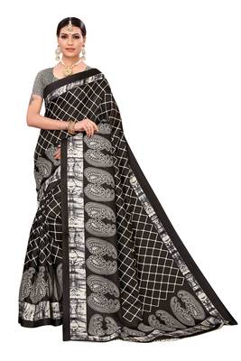 Black printed khadi saree with blouse 1