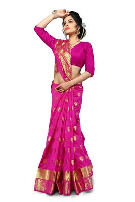 Pink woven cotton silk saree with blouse 1
