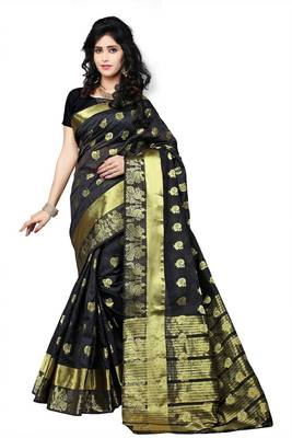 Black woven cotton silk saree with blouse 1
