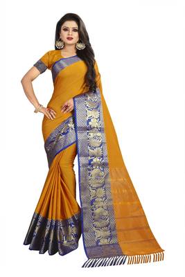 Mustard woven cotton saree with blouse 1