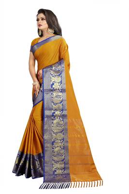 Mustard woven cotton saree with blouse 2
