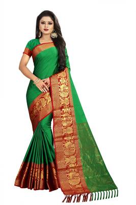 Green woven cotton saree with blouse 1