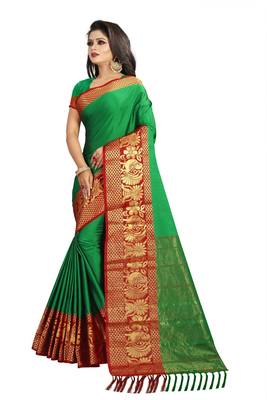 Green woven cotton saree with blouse 2