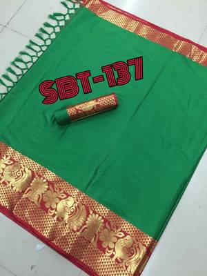 Green woven cotton saree with blouse 4