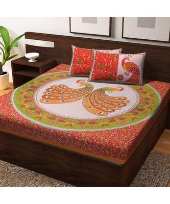100% Cotton Bedsheet Indian Peacock Printed Double Bedspread bedsheets with Pillow Cover 1
