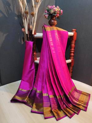 Pink Plain cotton silk saree with blouse 1
