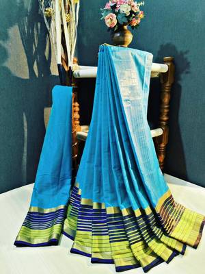 Blue Plain cotton silk saree with blouse 1