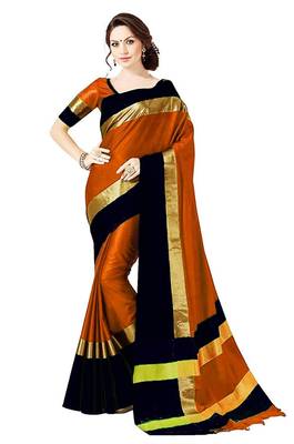 Orange printed cotton silk saree with blouse 1