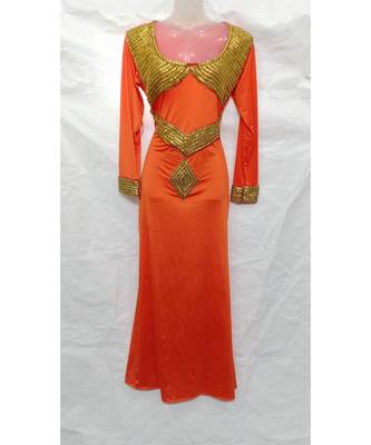 Orange Embroidered Lycra Islamic Arabic Partywear Gown 1