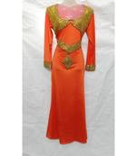 Orange Embroidered Lycra Islamic Arabic Partywear Gown