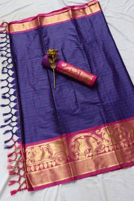 Indigo woven cotton silk saree with blouse 1