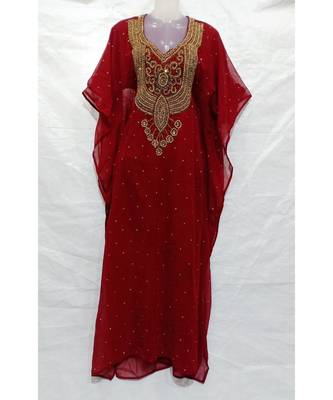 Burgandy Georgette Embroidered Stone Work Islamic Abaya 1