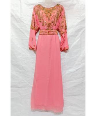 Light Pink Embroidered Georgette Islamic Arabic Partywear Abaya 1