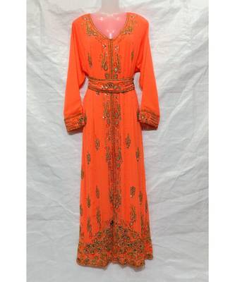 Orange Islamic Hand Embroidery Stitched Kaftan 1