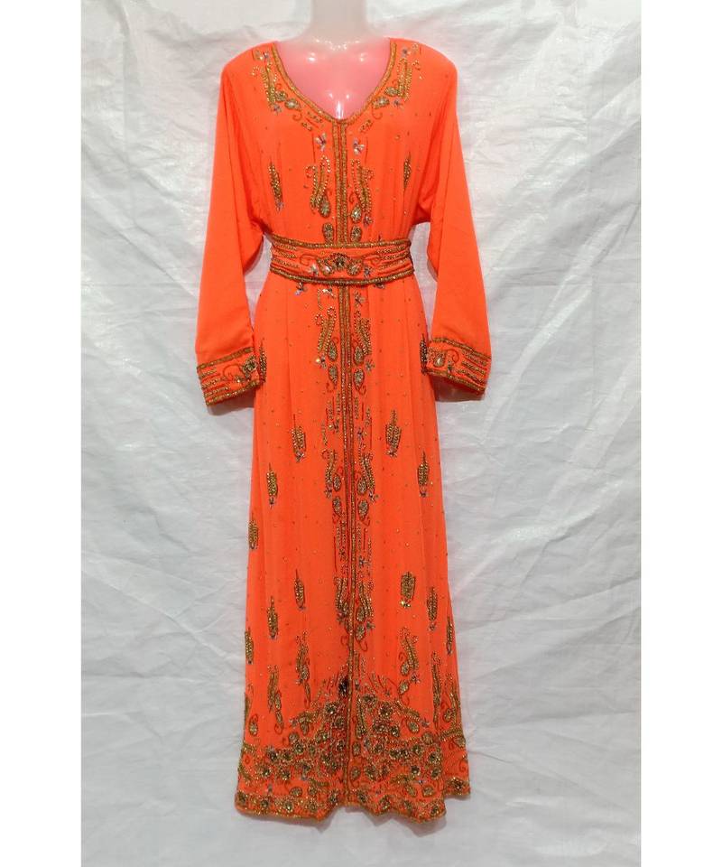 Orange Islamic Hand Embroidery Stitched Kaftan