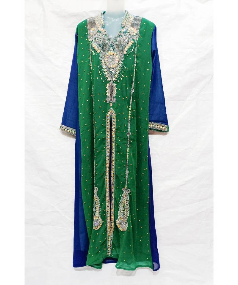 Green Hand Embroidery Stitched Kaftan