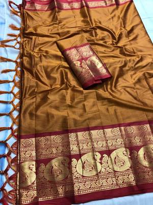 Orange woven cotton saree with blouse 1