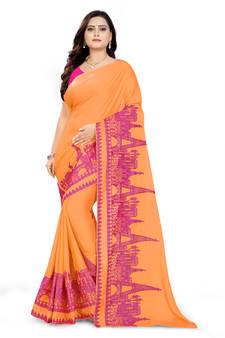 Yellow Embroidered Georgette Saree With Blouse