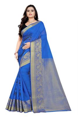 Blue Printed Cotton Silk Saree With Blouse 1