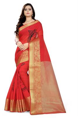 Red printed cotton silk saree with blouse 1