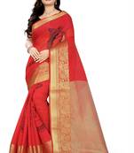 Red printed cotton silk saree with blouse