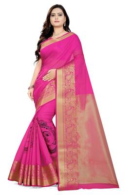 Pink Printed Cotton Silk Saree With Blouse 1