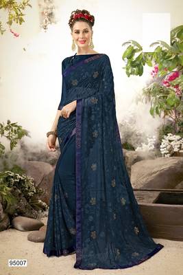 Blue embroidered georgette saree with blouse 1