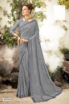 Grey embroidered georgette saree with blouse 1